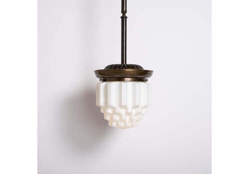 Large Art Deco Geometric Jelly Mold Opaline Glass Pendant Lights With Aged Brass Fittings