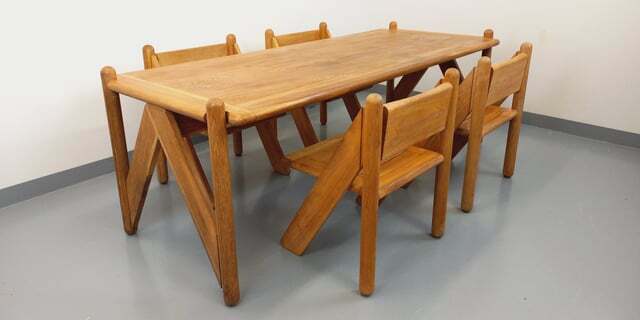 Large Rectangular Table And 4 Brutalist Chairs In Solid Oak
