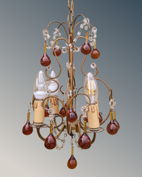 Pretty Four Light Chandelier With Amber Glass Drops photo for sale