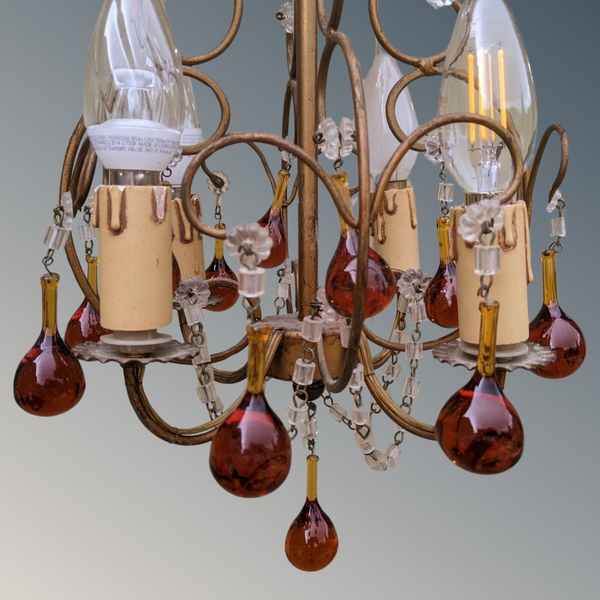 Pretty Four Light Chandelier With Amber Glass Drops photo Lighting