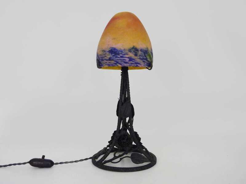 Art Deco Mushroom Lamp With Wrought Iron Base And Glass Paste Globe By Lagny