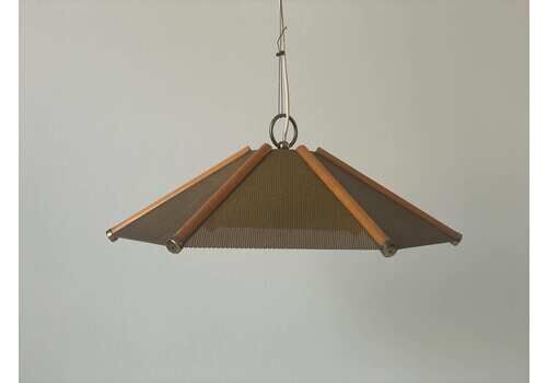6 Leaves Wood Lines And Metal Body Pendant Lamp, 1960s, Italy