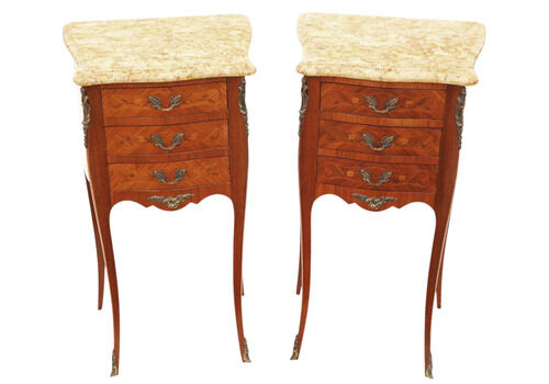 Antique Pair Marquetry Bedside Tables With Marble Tops – Quality Nightstands, Early 20th Century