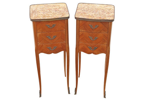 Antique Pair Of Small Marquetry Bedside Tables With Marble Tops – Quality Nightstands, Early 20th Century