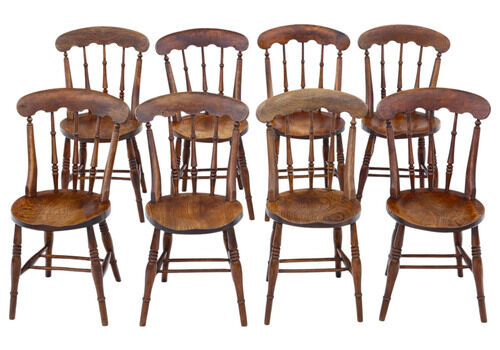 Antique Set Of 8 Victorian Elm & Beech Kitchen Dining Chairs – 19th Century, Quality Originals