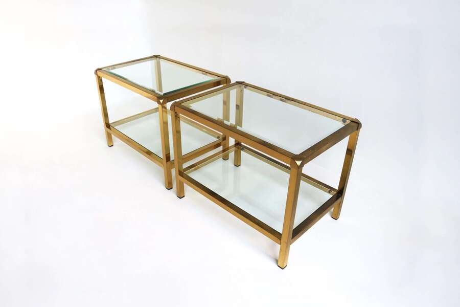 Elegant Pair Of Vintage Brass Side Tables With Rounded Corners And Two Glass Tiers – Faceted Edge Tops – Mid Century Modern Style