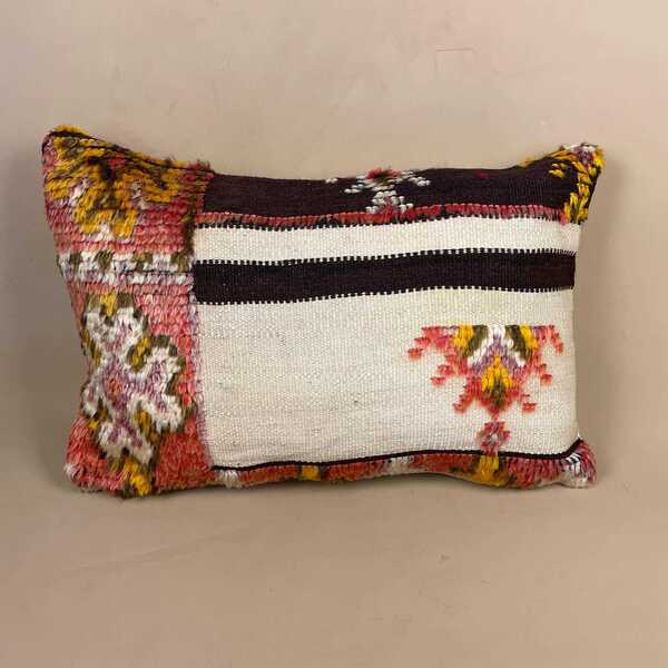 Moroccan Berber Kilim Blend Cushion Carpet Pillow Feather Handmade 55x35cm Beige Red Abstract Feather Filled Handwoventraditional Rectangle