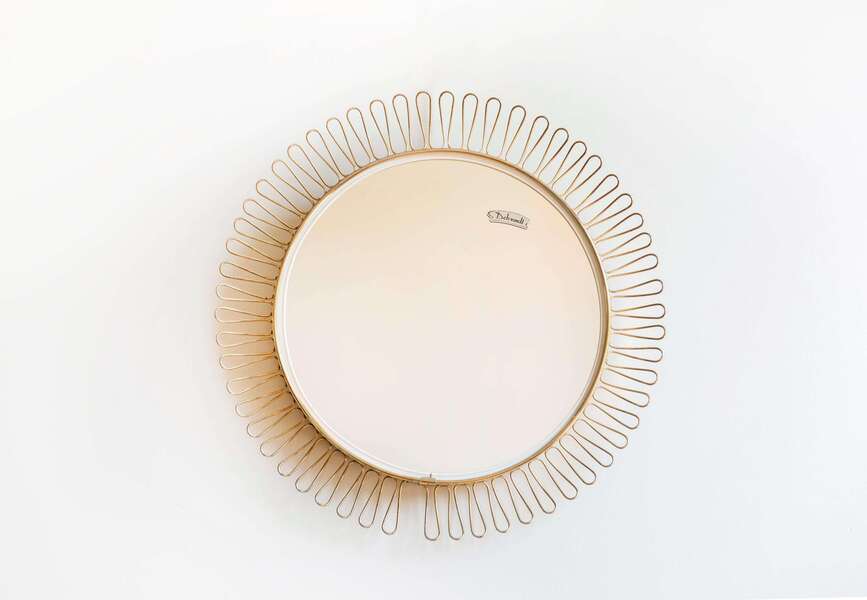 Sun Mirror With Brass Loop Edge, Attributed To Josef Frank, Deknudt, Mid Century Modern, Golden Sunburst Mirror