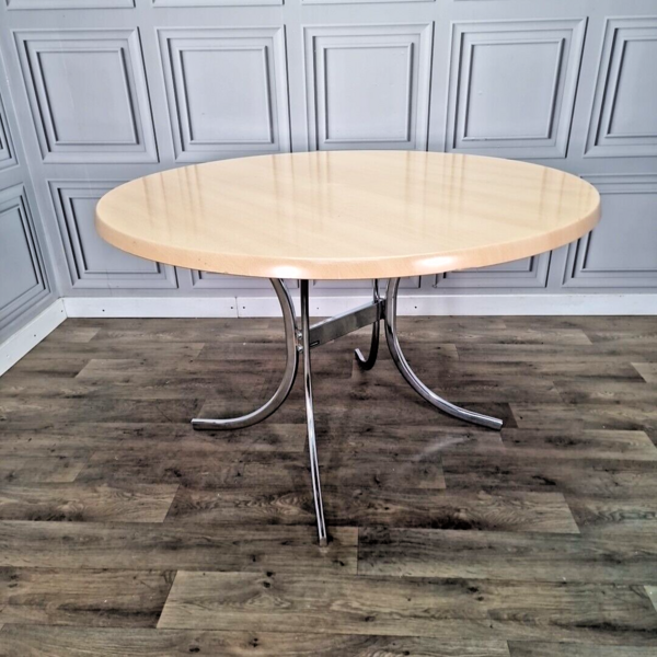 Retro Modernist Round Frovi Chrome Dining Table Wood Top Mid Century Modern