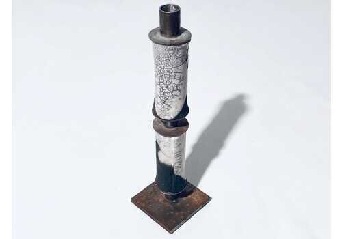 Abstract Studio Ceramic Candleholder / Vintage Raku Crackle Decor 60s 70s Wgp / Gray & Steel Base