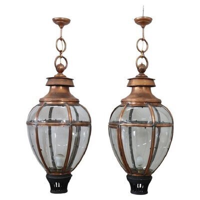 Large Vintage Copper And Glass Lanterns, 1940s, Set Of 2