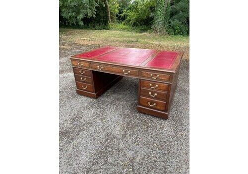 Late C19th London Made Oak Partners Desk With Inset Red Leather Top