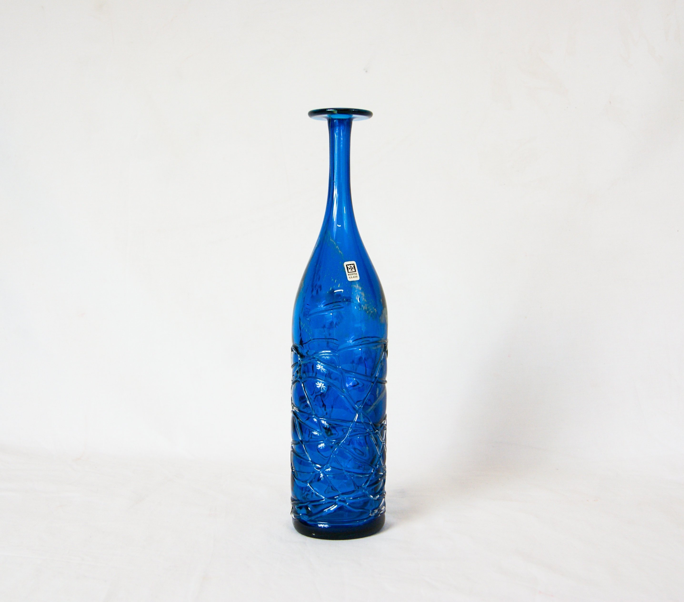 Vintage Mdina Art Glass Tall Blue Bottle Vase By Michael Harris