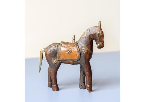 Antique Indian Horse, Old Wooden Statue, Made In India, Brass Pony Figurine, Bohemian Home Decor
