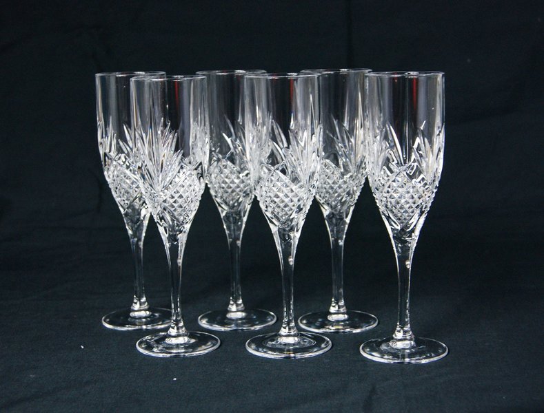 Set Of 6 High Quality Cut Glass Crystal Champagne Flutes 19012725
