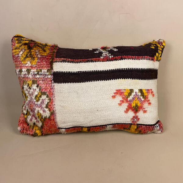 Moroccan Berber Kilim Blend Cushion Carpet Pillow Feather Handmade 55x35cm Beige Red Abstract Feather Filled Handwoven Traditional Rectangle
