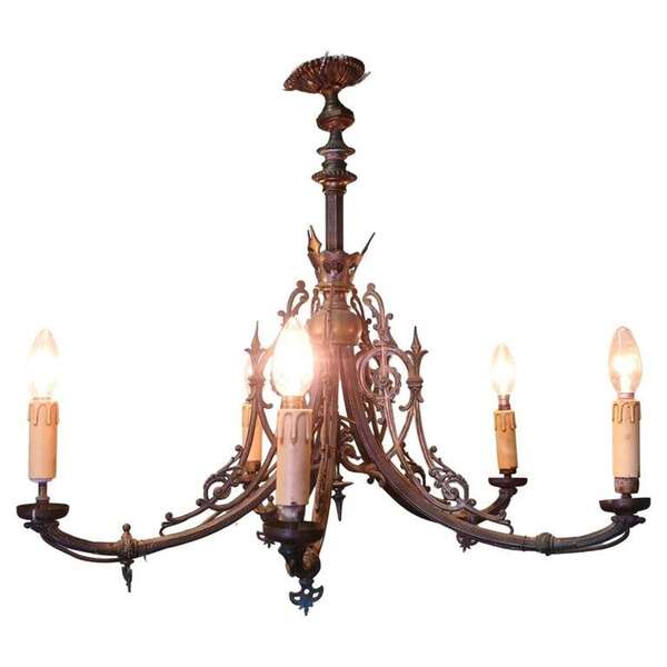 Gothic Gilded Brass 5 Branch Chandelier