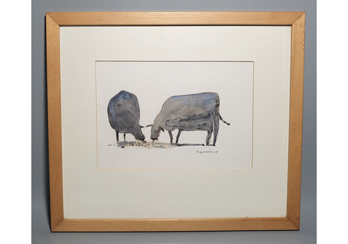 Double Cows Cow Framed Watercolour Painting Signed Squire Contemporary Art