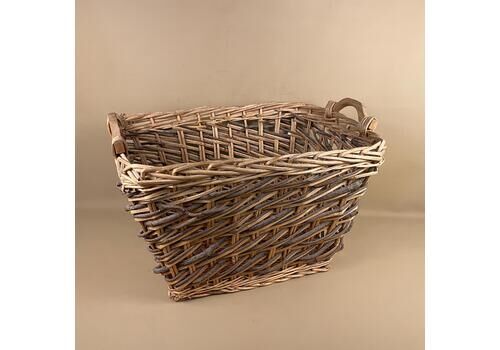 Vintage Log Storage Basket Two Tone Woven Wicker Wood Wooden Handles Cottage Farmhouse Decor Large Fireside