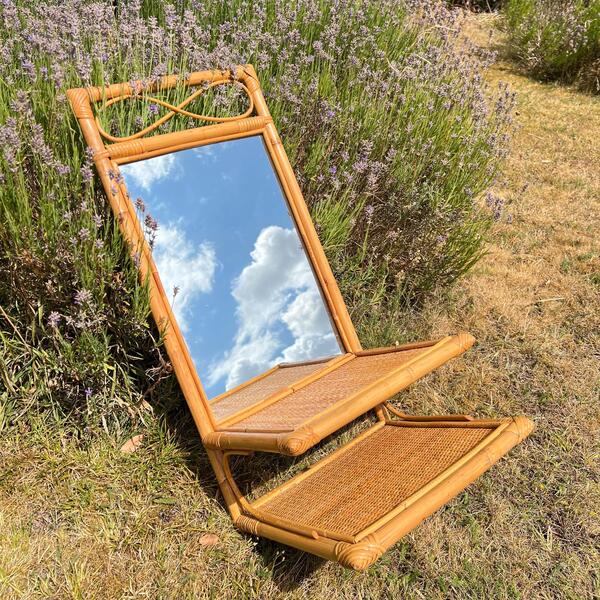 Mid Century Boho Bamboo Cane Tall Mirror With Shelf 74 Cm