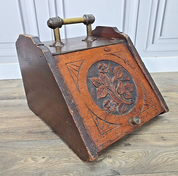 Antique Edwardian Wooden Fireside Coal Scuttle Box Carved Storage Brass Retro