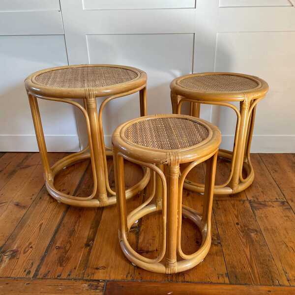 Vintage Triple Nest Of Bamboo Table Circle Round Coffee Tables Nesting Tables Plant Stands End Tables Woven Top Boho Retro X3 Three