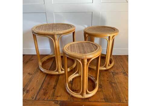 Vintage Triple Nest Of Bamboo Table Circle Round Coffee Tables Nesting Tables Plant Stands End Tables Woven Top Boho Retro X3 Three
