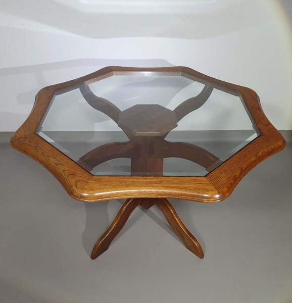 Octagonal Oak Dining Table With Inlaid Glass Top