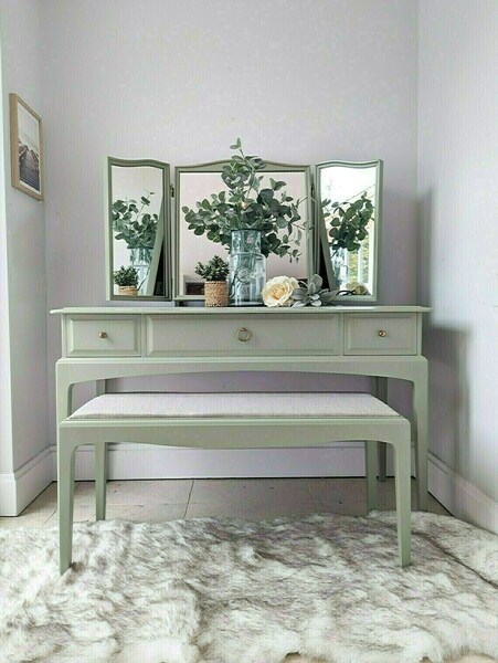 Spray Painted Green Stag Compact Dressing/Console Table With Triple Mirror And Stool