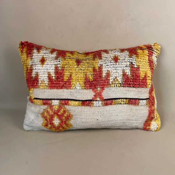 Moroccan Berber Kilim Blend Cushion Carpet Pillow Feather Handmade 58x38cm Beige Red Abstract Feather Filled Handwoven Traditional Rectangle