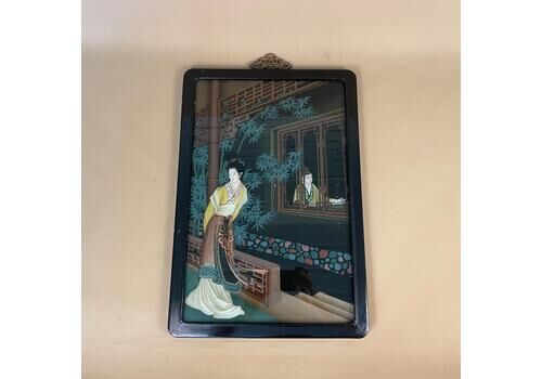 Vintage Oriental Chinese Reverse Glass Paintings Black Lacquered Wood Frame Geisha Woman Hand Painted Wall Hanging