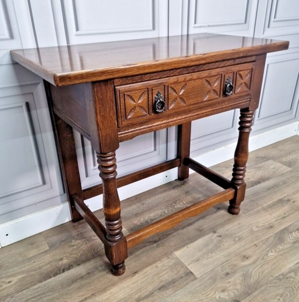 Antique Style Oak Single Drawer Hall Lamp Table Console Desk  Wooden Jacobean