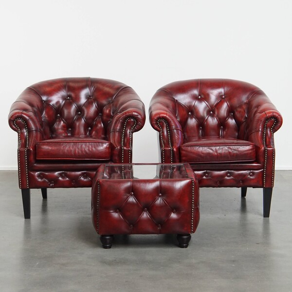 Set Of 2 Red Flamed Cowhide Chesterfield Club Armchairs And A Beautiful Matching Side Table With A Glass Top