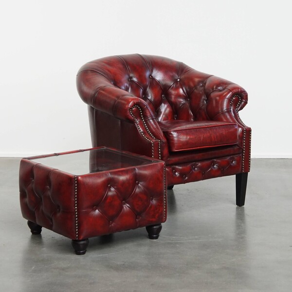 Set Of A Red Mottled Cowhide Chesterfield Club Chair And A Matching Side/Coffee Table With A Glass Top