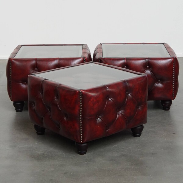 Set Of 3 Cowhide Chesterfield Side/Coffee Tables In A Beautiful Red Color With Glass Tops