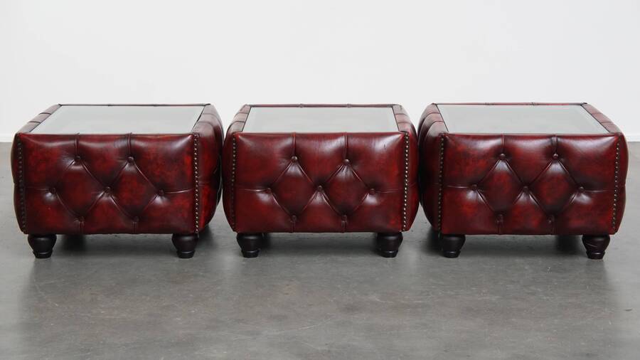 Set Of 3 Cowhide Chesterfield Side/Coffee Tables In A Beautiful Red Color With Glass Tops photo furniture