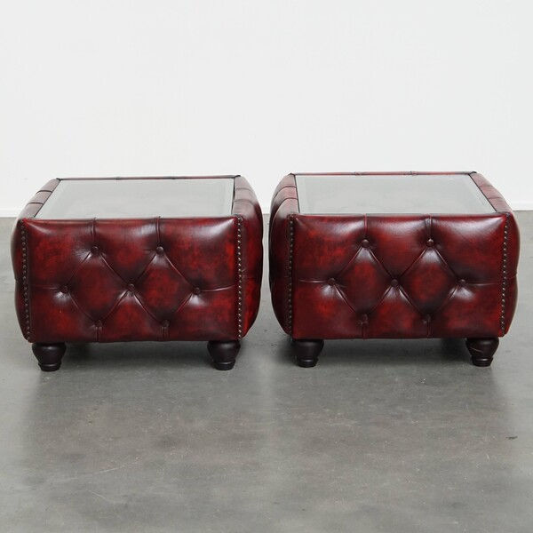 Set Of 2 Cowhide Chesterfield Side/Coffee Tables In A Beautiful Red Color With Glass Tops