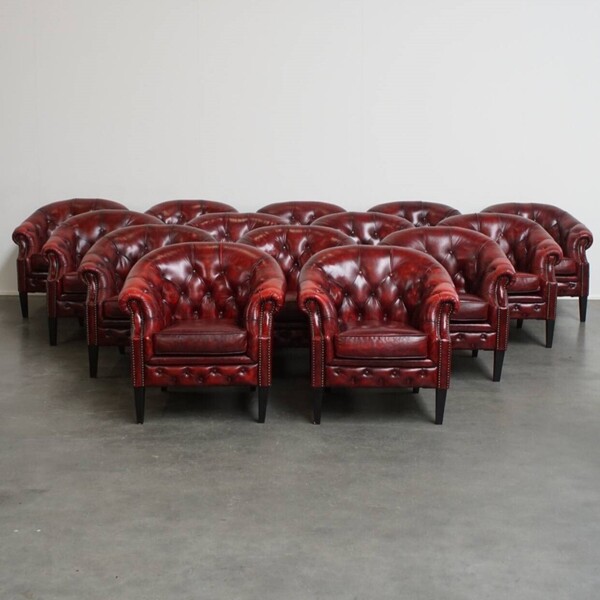 Unique Set Of 14 Beautiful English Cowhide Chesterfield Armchairs In A Flamed Red Color
