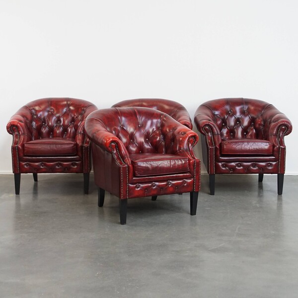 Unique Set Of 4 Beautiful English Cowhide Chesterfield Club Armchairs In A Flamed Red Color