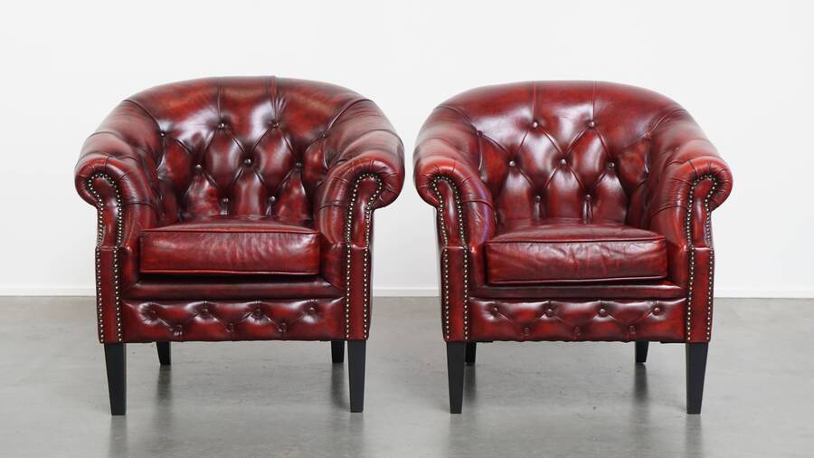 Unique Set Of 4 Beautiful English Cowhide Chesterfield Club Armchairs In A Flamed Red Color photo furniture