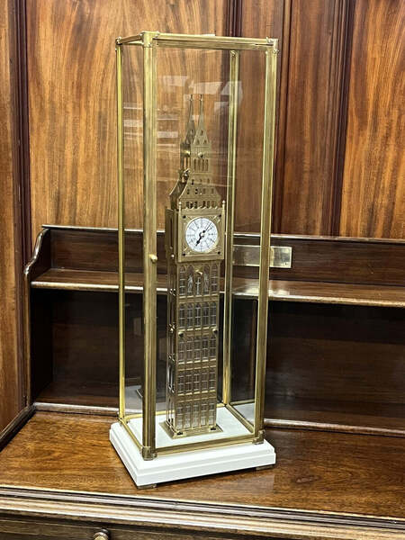 London Big Ben Brass Skeleton Clock With Case And Key. Large In Size