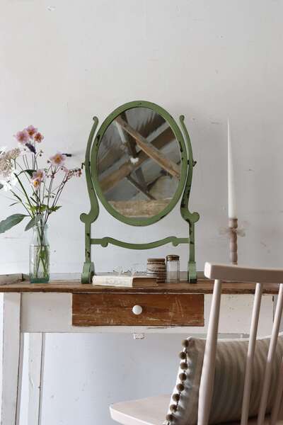 Pretty Victorian Swing Mirror With Chippy Emerald Green Paintwork