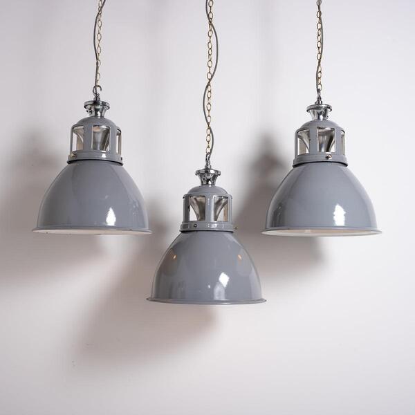 Set Of Three Xl Reclaimed Grey Enamel Industrial Pendant Lights By Benjamin Electric