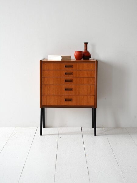 Vintage Scandinavian Bedside Table With Five Drawers And Black Legs