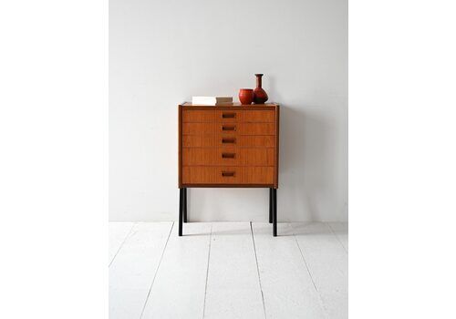 Vintage Scandinavian Bedside Table With Five Drawers And Black Legs