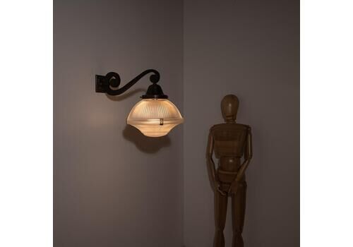 Rare Xl Three Part Holophane Light Fitting With Cast Brass Scrolled Wall Bracket