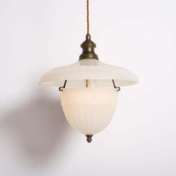Antique Two Part Moonstone Glass "Peerlite" Pendant Light Fitting With Aged Brass Fittings