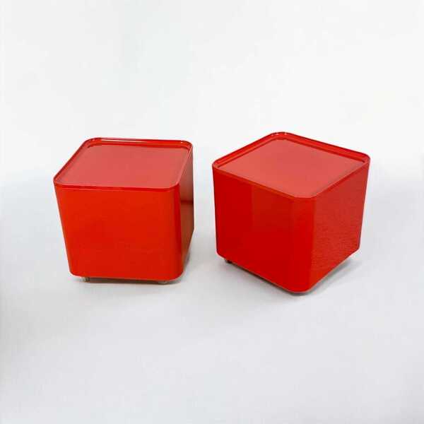 Set Of 2 Vintage Dime Longato Trolleys – Red 70s Italian Modular Side Tables On Wheels – Space Age Design Storage Units