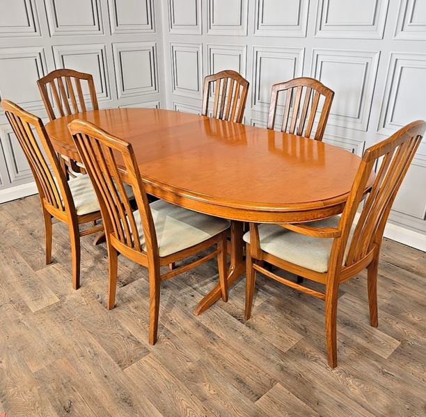 Retro Stag Teak Twin Pedestal Dining Table & 6 Solid Teak Chairs – Extending Set