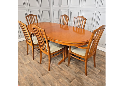 Retro Stag Teak Twin Pedestal Dining Table & 6 Solid Teak Chairs – Extending Set